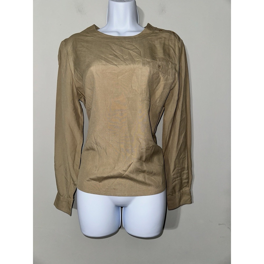 Vintage Pierre Cardin 100% Silk Blouse Top Size‎ 9/10 Beige Tan Button Shoulder